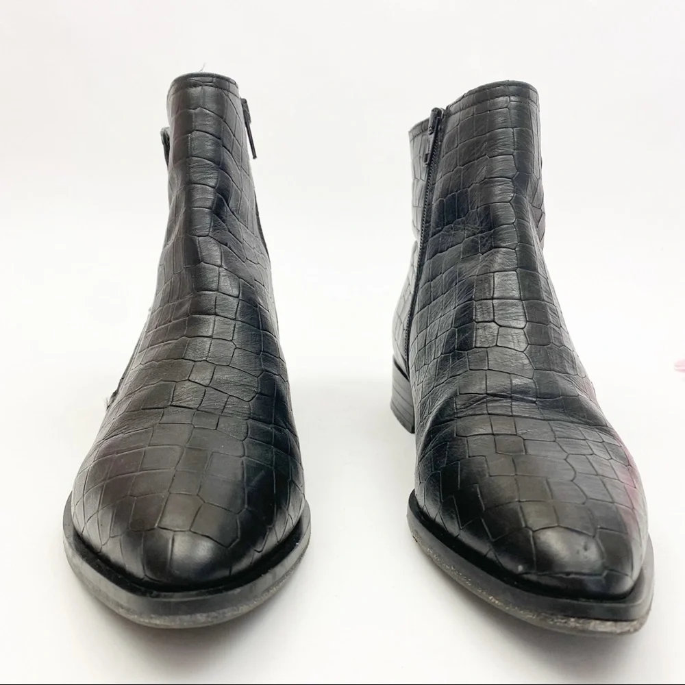 Napoleoni Italy Croc Embossed Leather Moto Zip Ankle Boots: Black